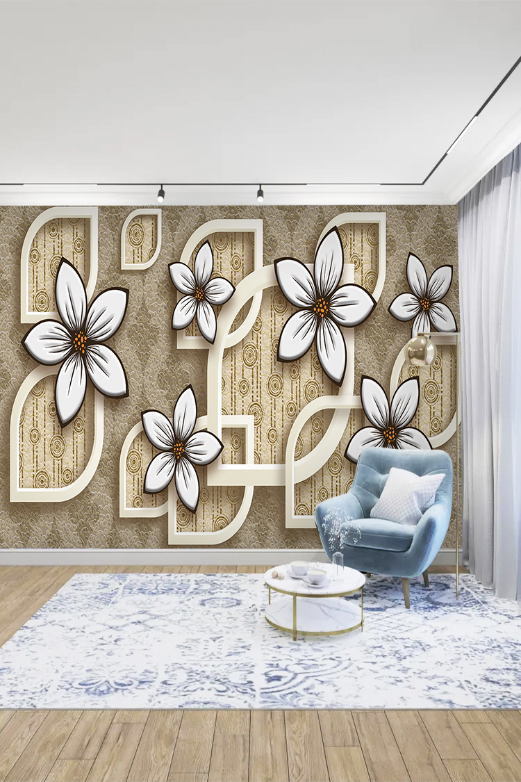 Zarif Beyaz Çiçekler ve Geometrik Çerçeveli Duvar Kağıdı"