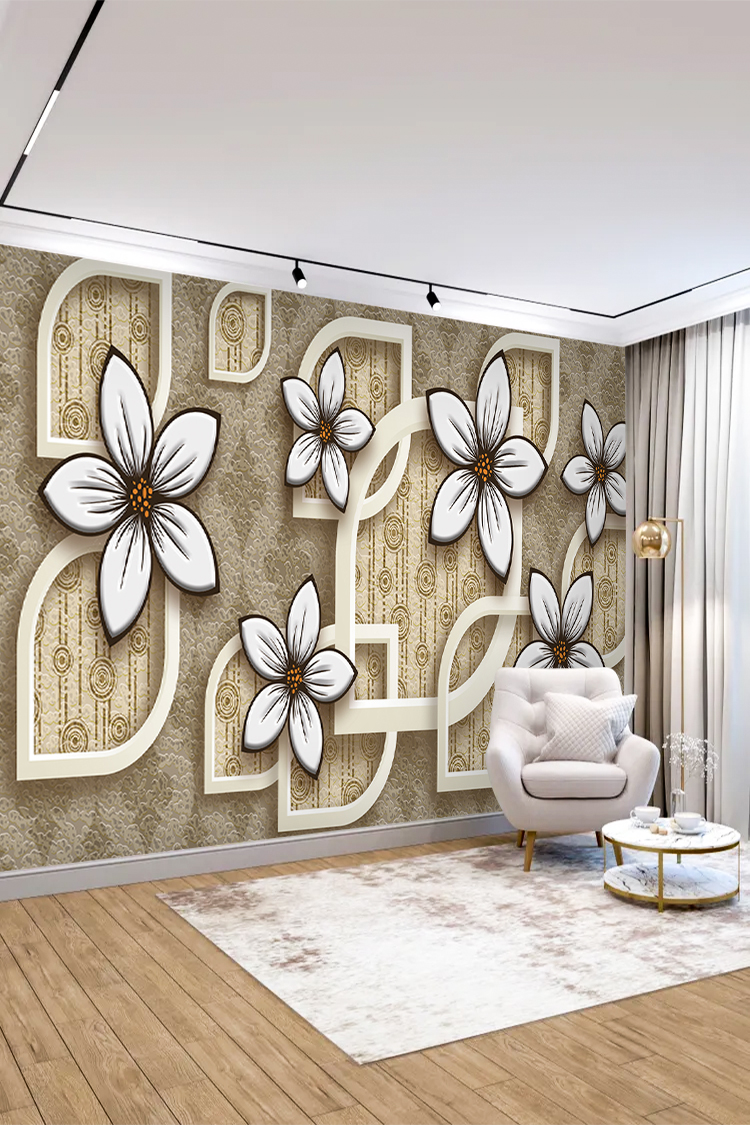 Zarif Beyaz Çiçekler ve Geometrik Çerçeveli Duvar Kağıdı" - Görsel 3