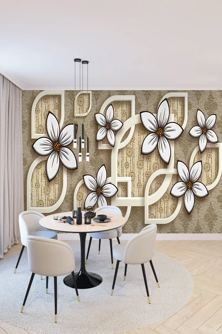 Zarif Beyaz Çiçekler ve Geometrik Çerçeveli Duvar Kağıdı" - Görsel 4