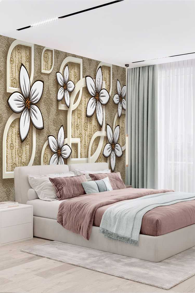 Zarif Beyaz Çiçekler ve Geometrik Çerçeveli Duvar Kağıdı" - Görsel 5