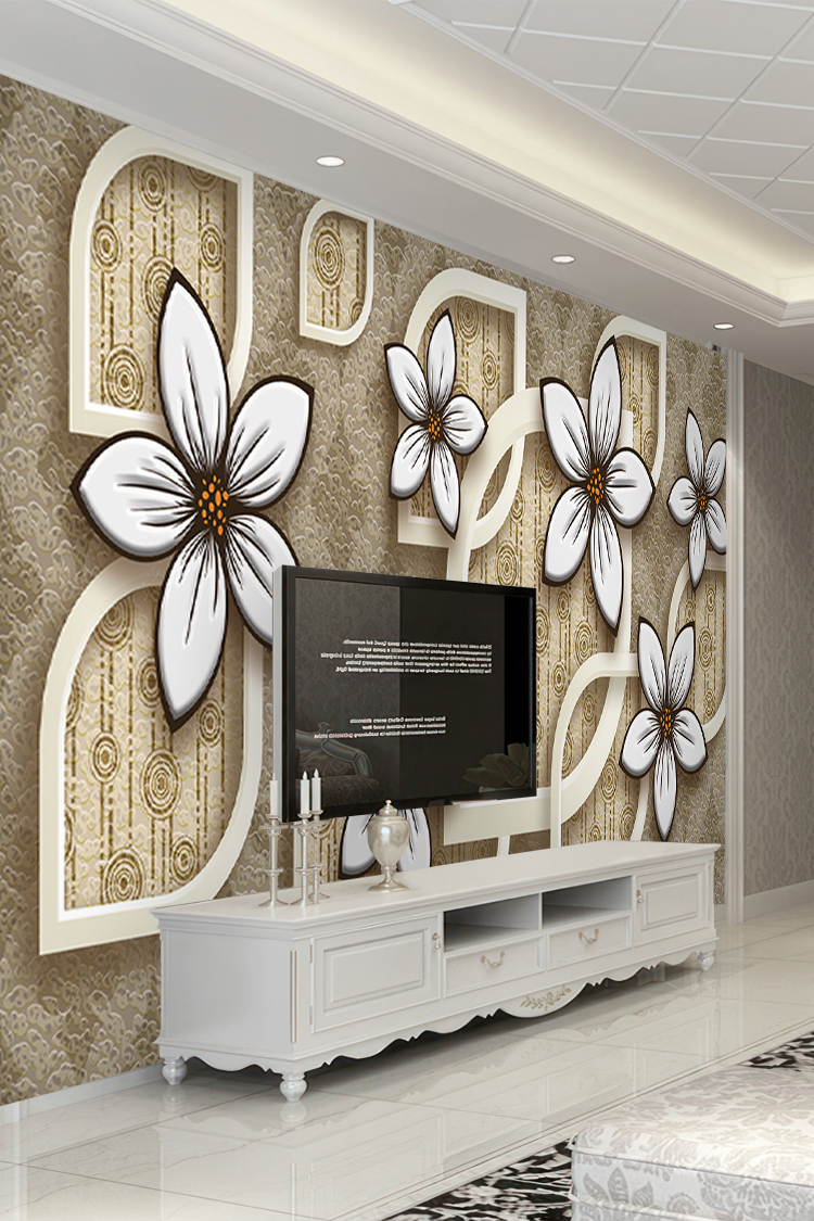 Zarif Beyaz Çiçekler ve Geometrik Çerçeveli Duvar Kağıdı" - Görsel 6