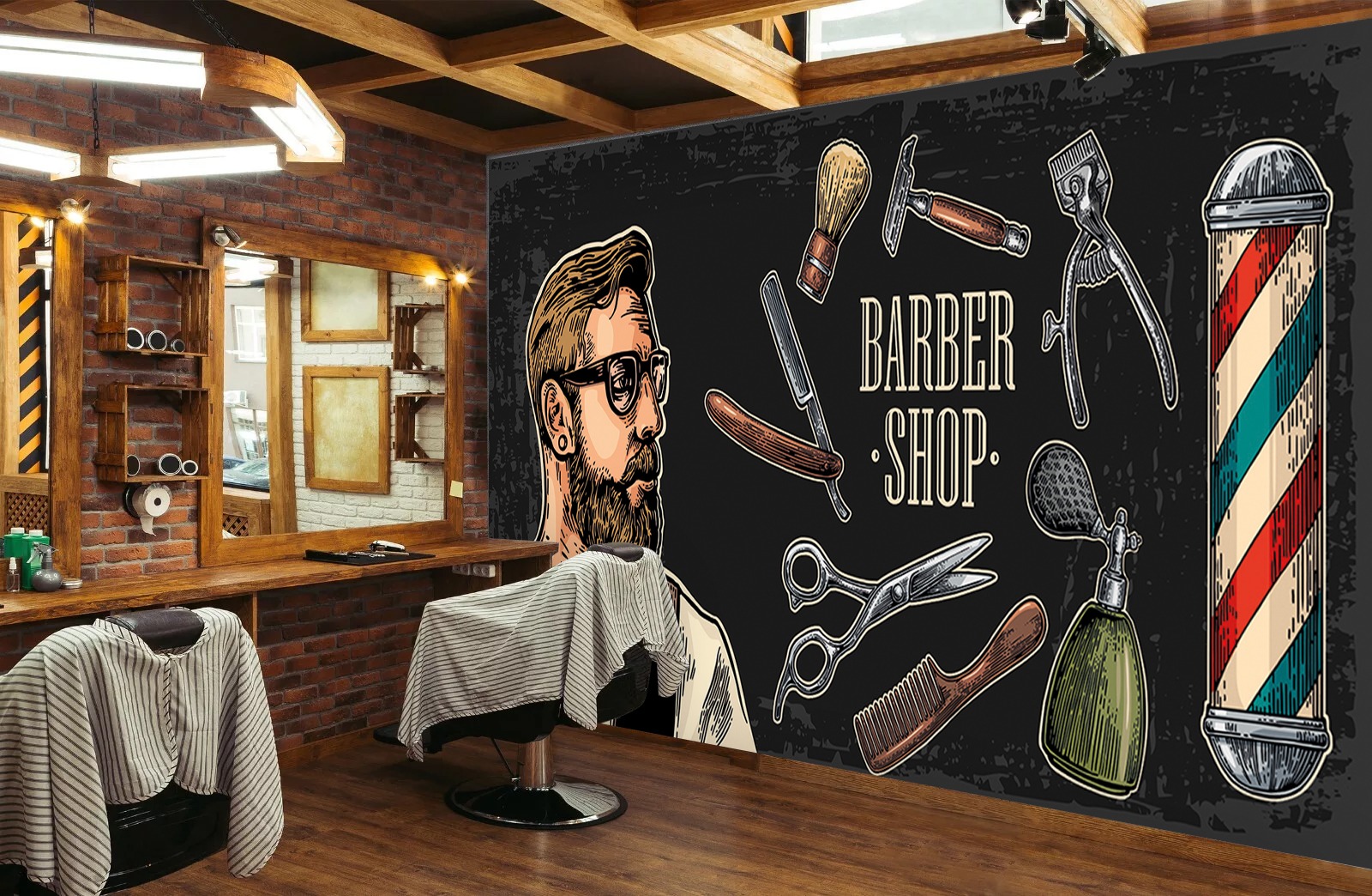 Barber Shop Temalı Duvar Kağıdı - Siyah Arkaplan Kuaför Dekoru - Görsel 4