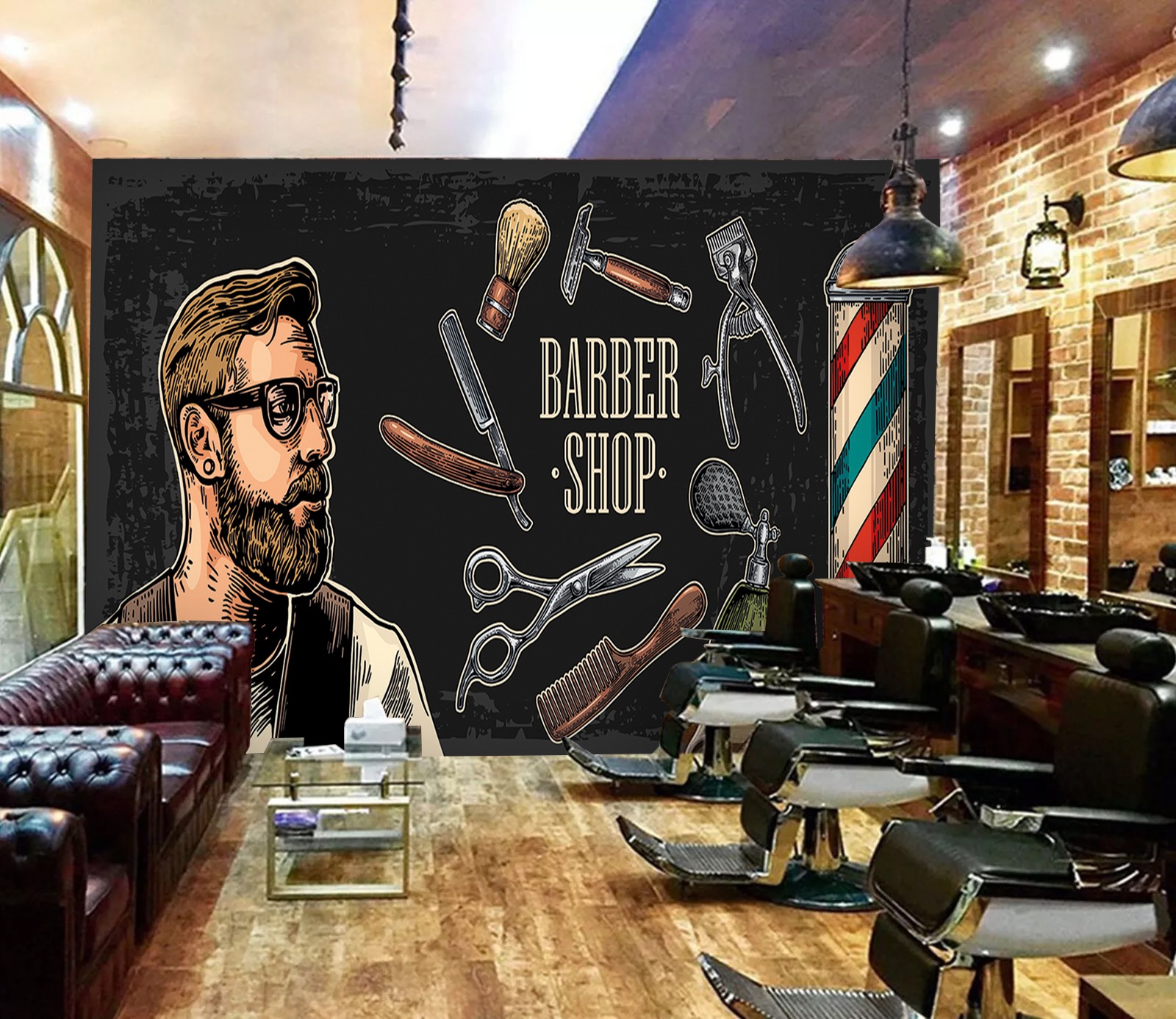 Barber Shop Temalı Duvar Kağıdı - Siyah Arkaplan Kuaför Dekoru