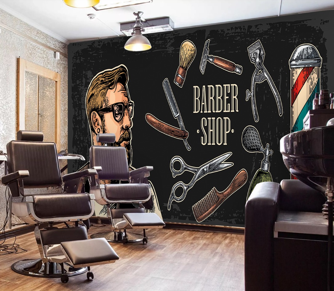 Barber Shop Temalı Duvar Kağıdı - Siyah Arkaplan Kuaför Dekoru - Görsel 3