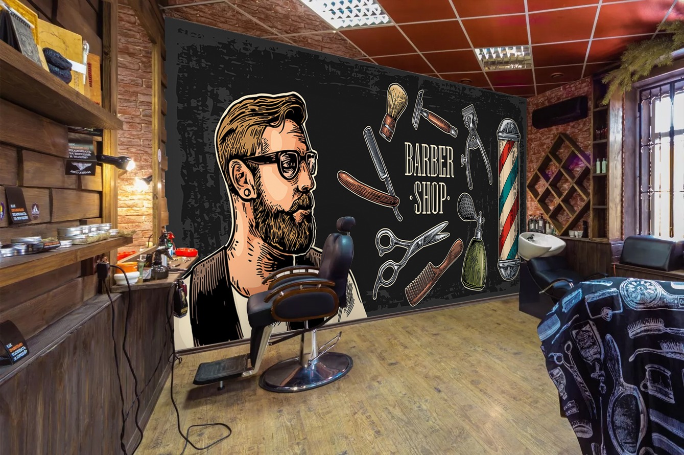 Barber Shop Temalı Duvar Kağıdı - Siyah Arkaplan Kuaför Dekoru - Görsel 2