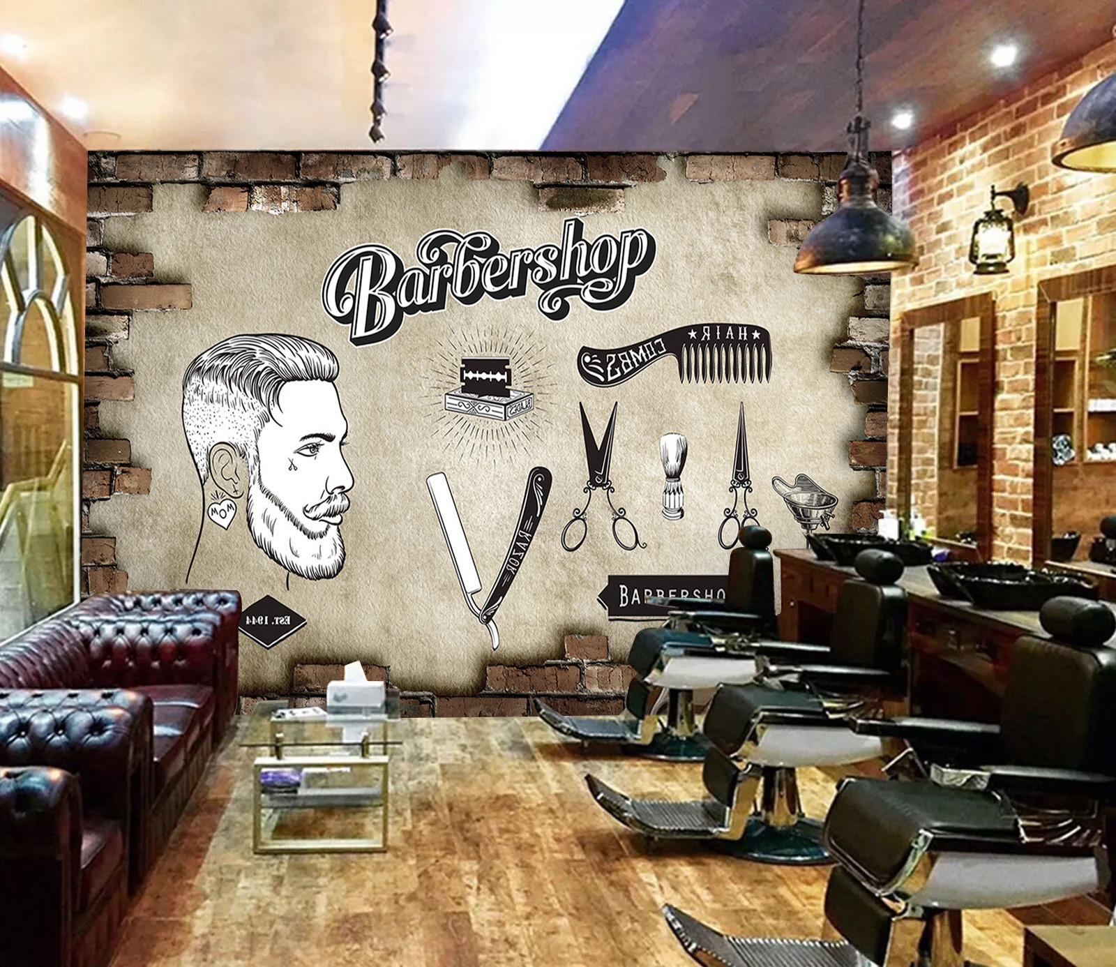 Barbershop Erkek Saç Kesim Duvar Kağıdı - Tuğla Efektli Kuaför - Görsel 3