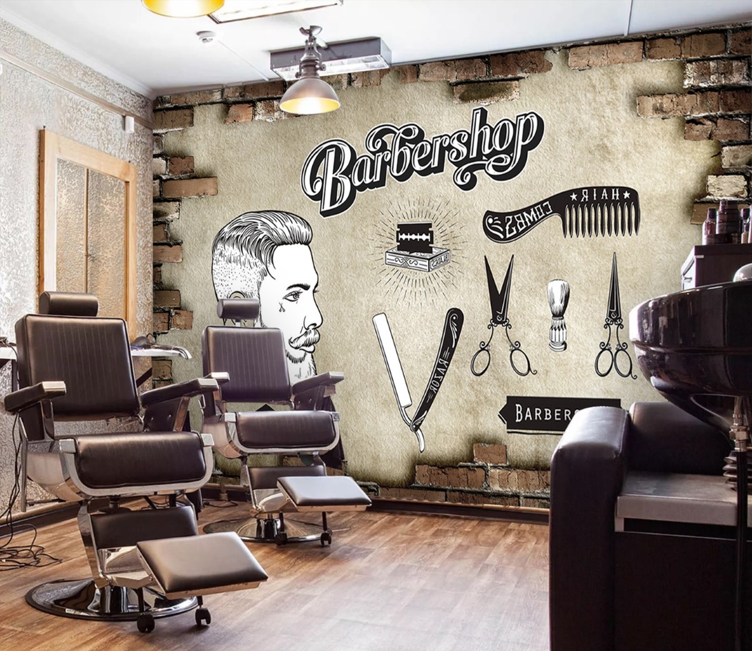 Barbershop Erkek Saç Kesim Duvar Kağıdı - Tuğla Efektli Kuaför - Görsel 4