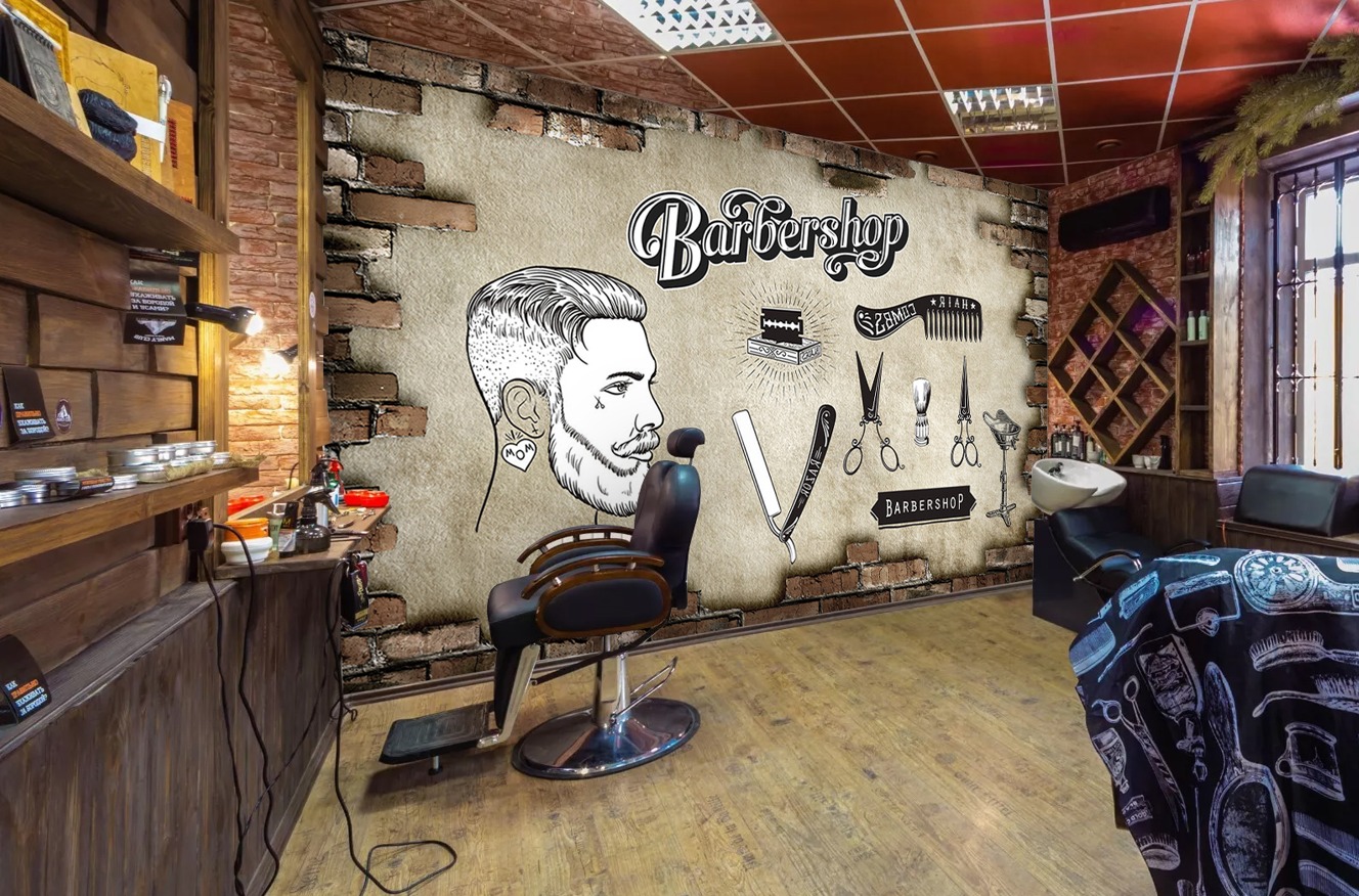Barbershop Erkek Saç Kesim Duvar Kağıdı - Tuğla Efektli Kuaför