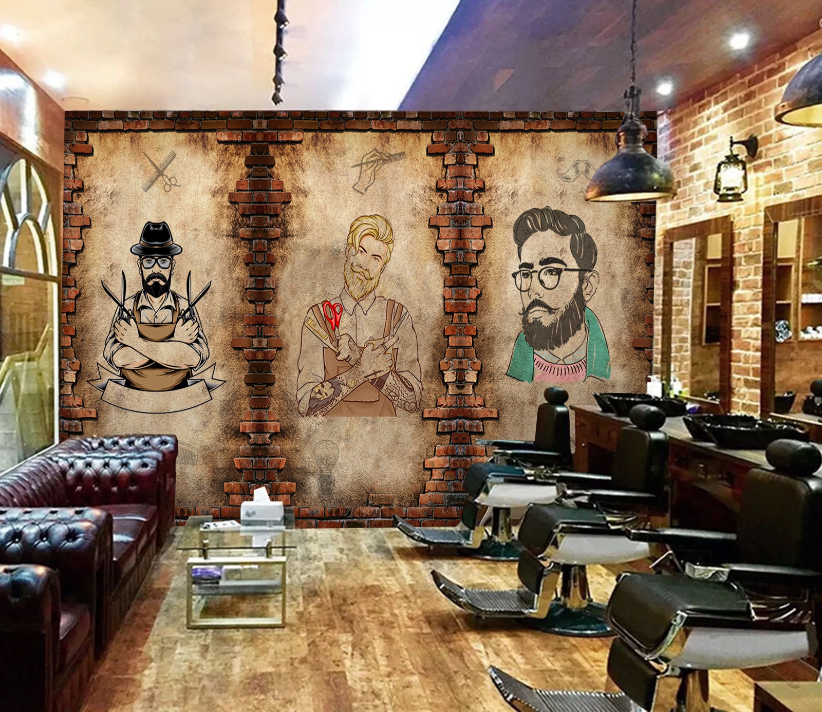Vintage Tuğla Barber Duvar Kağıdı - Erkek Kuaför Salonu Dekoru - Görsel 4
