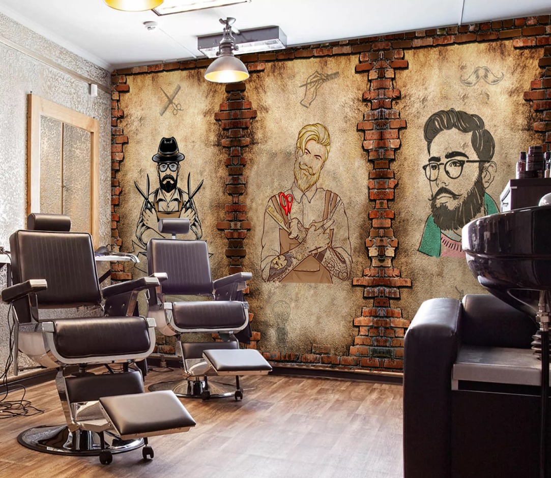 Vintage Tuğla Barber Duvar Kağıdı - Erkek Kuaför Salonu Dekoru - Görsel 3