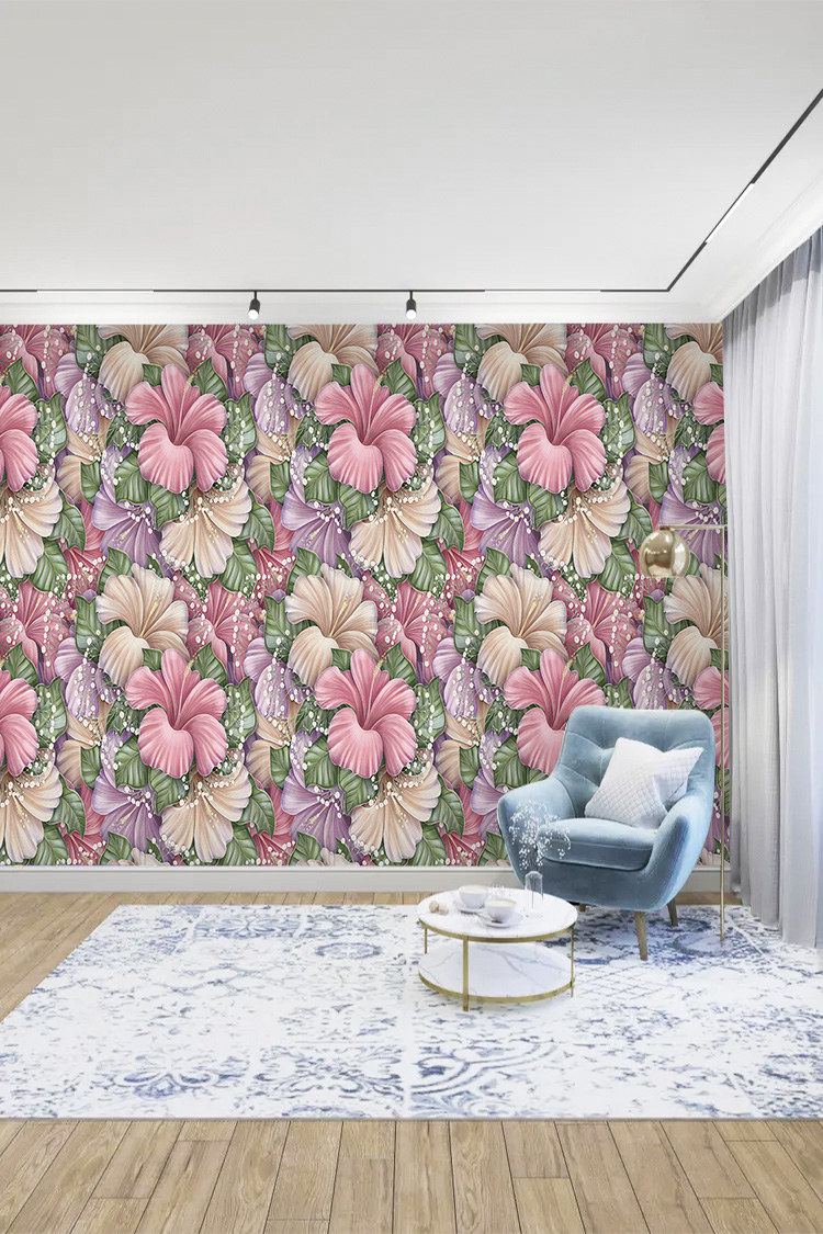 Soft Pembe-Lila Büyük Çiçek Desenli 3D Dijital Duvar Kağıdı - Görsel 5