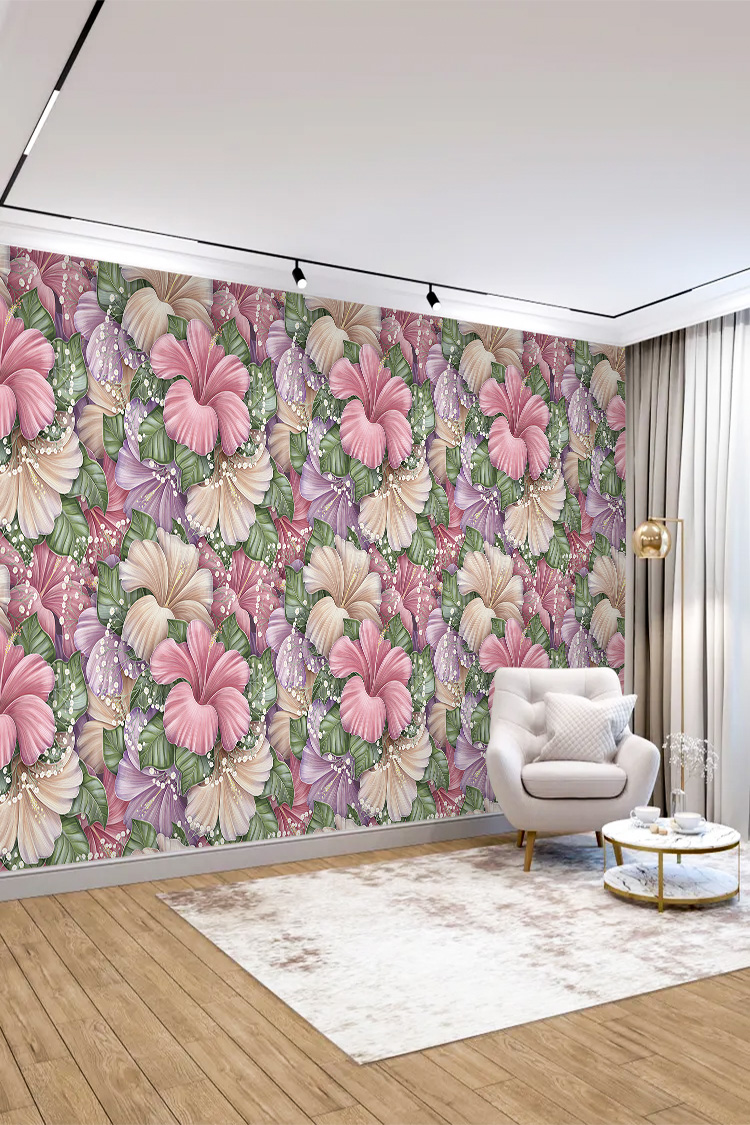 Soft Pembe-Lila Büyük Çiçek Desenli 3D Dijital Duvar Kağıdı