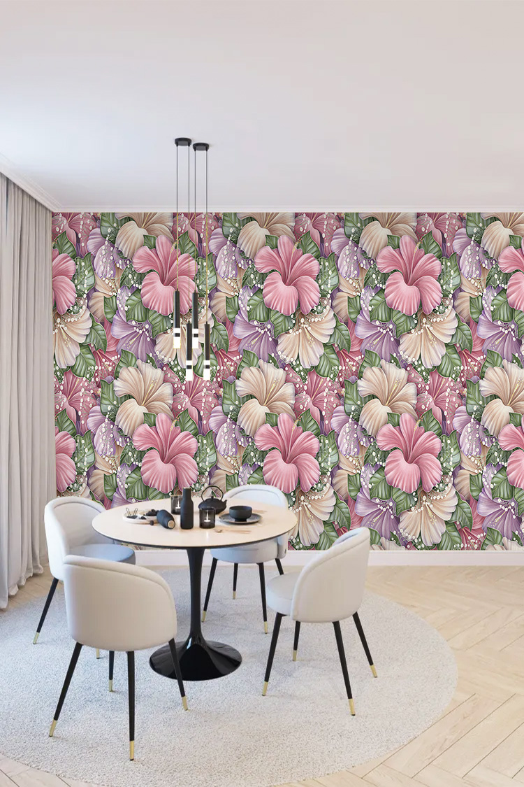 Soft Pembe-Lila Büyük Çiçek Desenli 3D Dijital Duvar Kağıdı - Görsel 4