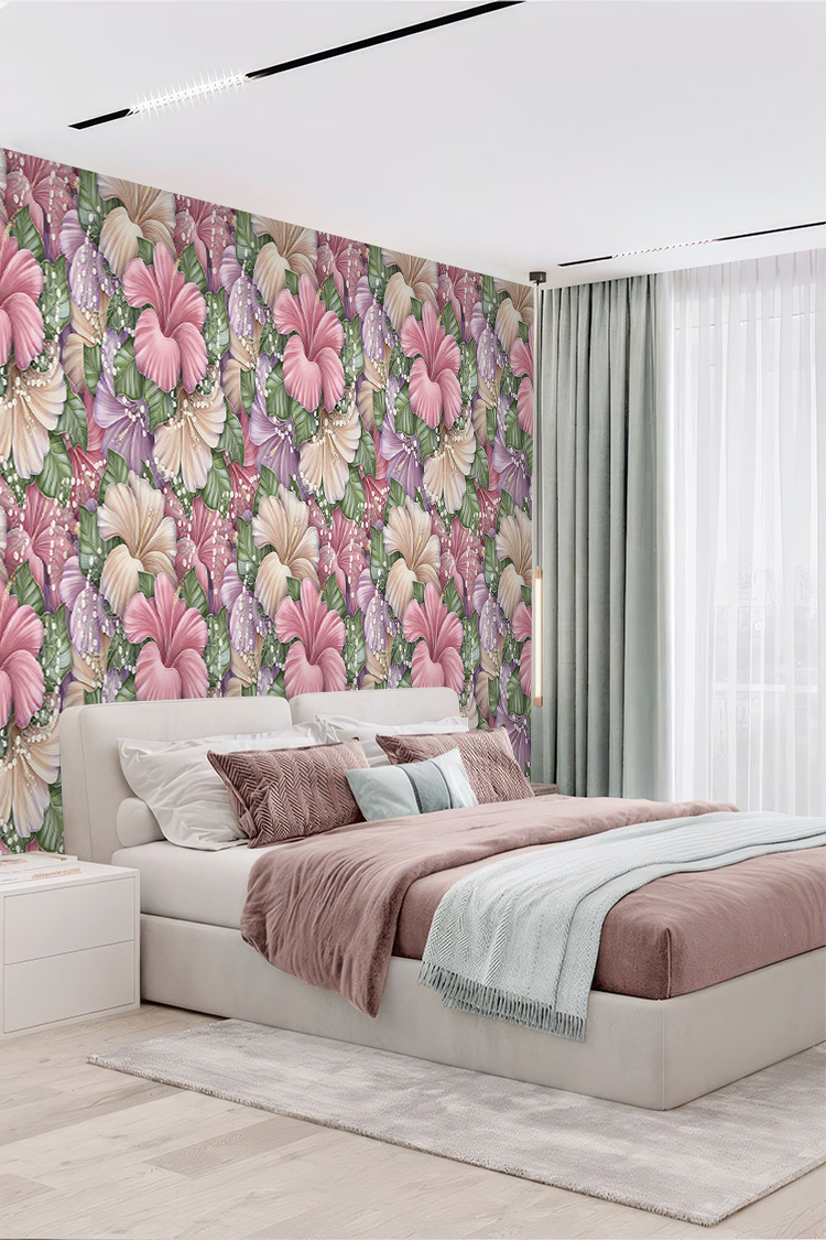 Soft Pembe-Lila Büyük Çiçek Desenli 3D Dijital Duvar Kağıdı - Görsel 2