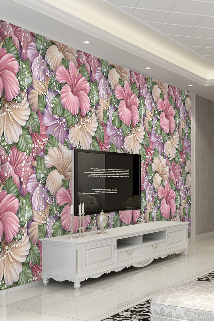 Soft Pembe-Lila Büyük Çiçek Desenli 3D Dijital Duvar Kağıdı - Görsel 3