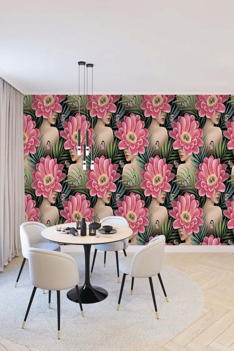 Pembe Çiçek ve Kadın Silüeti Desenli Artistik Duvar Kağıdı - Görsel 3