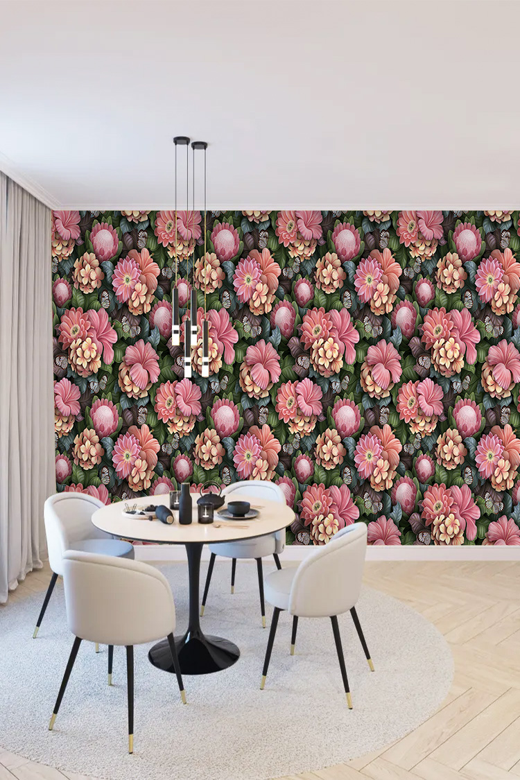 Pembe Çiçek ve Kadın Silüeti Desenli Artistik Duvar Kağıdı