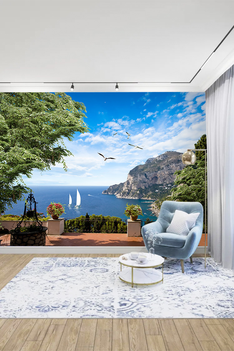 Akdeniz Sahil & Yat Manzaralı 3D Duvar Kağıdı