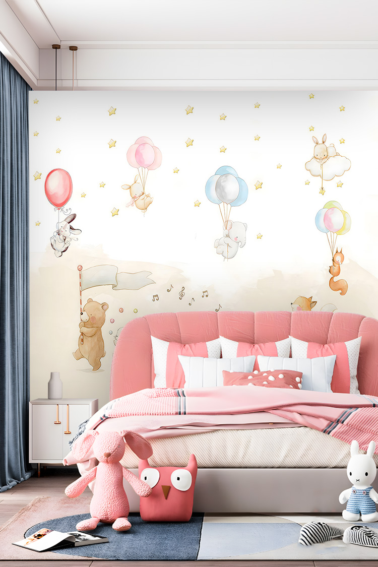 Balonlu Hayvan Figürlü Pastel Çocuk Odası Duvar Kağıdı - Görsel 2
