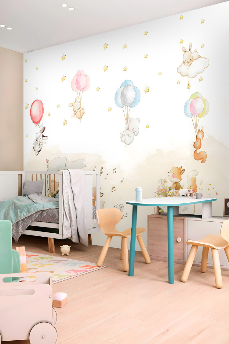 Balonlu Hayvan Figürlü Pastel Çocuk Odası Duvar Kağıdı - Görsel 3
