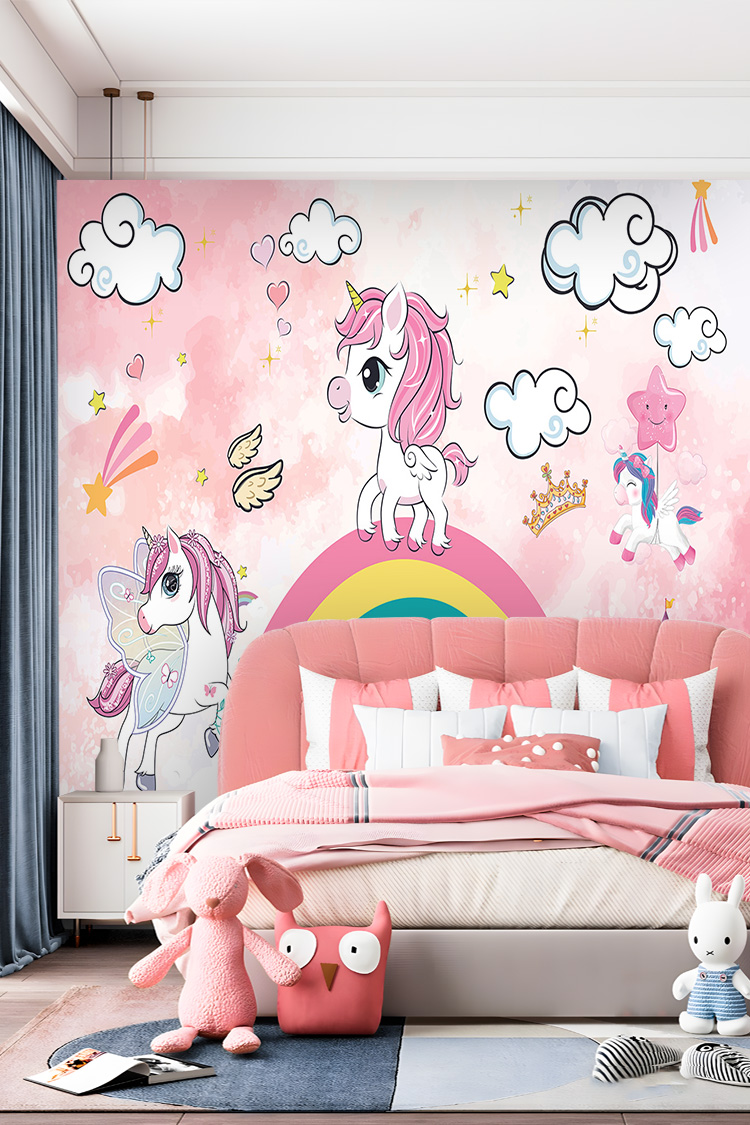 Pembe Unicorn ve Gökkuşağı Desenli Çocuk Odası Duvar Kağıdı - Görsel 6