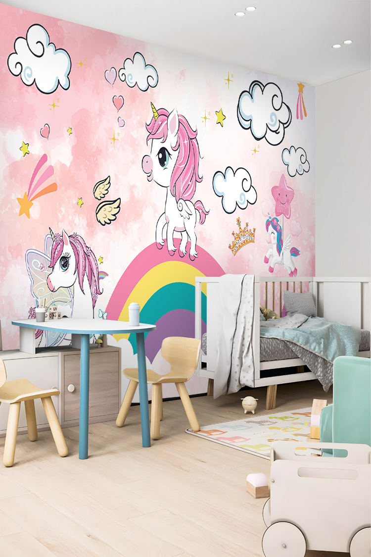 Pembe Unicorn ve Gökkuşağı Desenli Çocuk Odası Duvar Kağıdı - Görsel 5