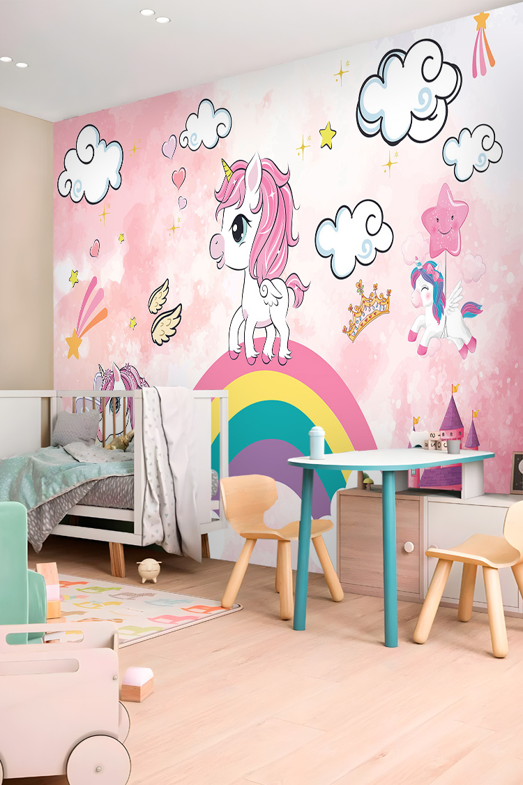 Pembe Unicorn ve Gökkuşağı Desenli Çocuk Odası Duvar Kağıdı - Görsel 4