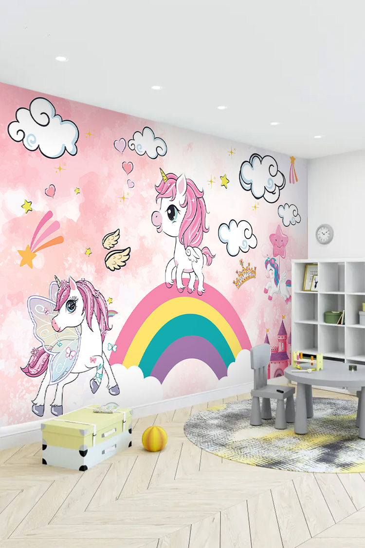 Pembe Unicorn ve Gökkuşağı Desenli Çocuk Odası Duvar Kağıdı - Görsel 3