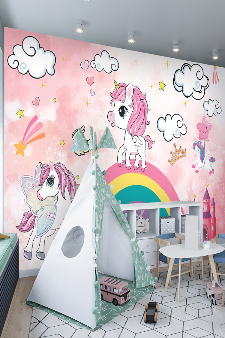 Pembe Unicorn ve Gökkuşağı Desenli Çocuk Odası Duvar Kağıdı