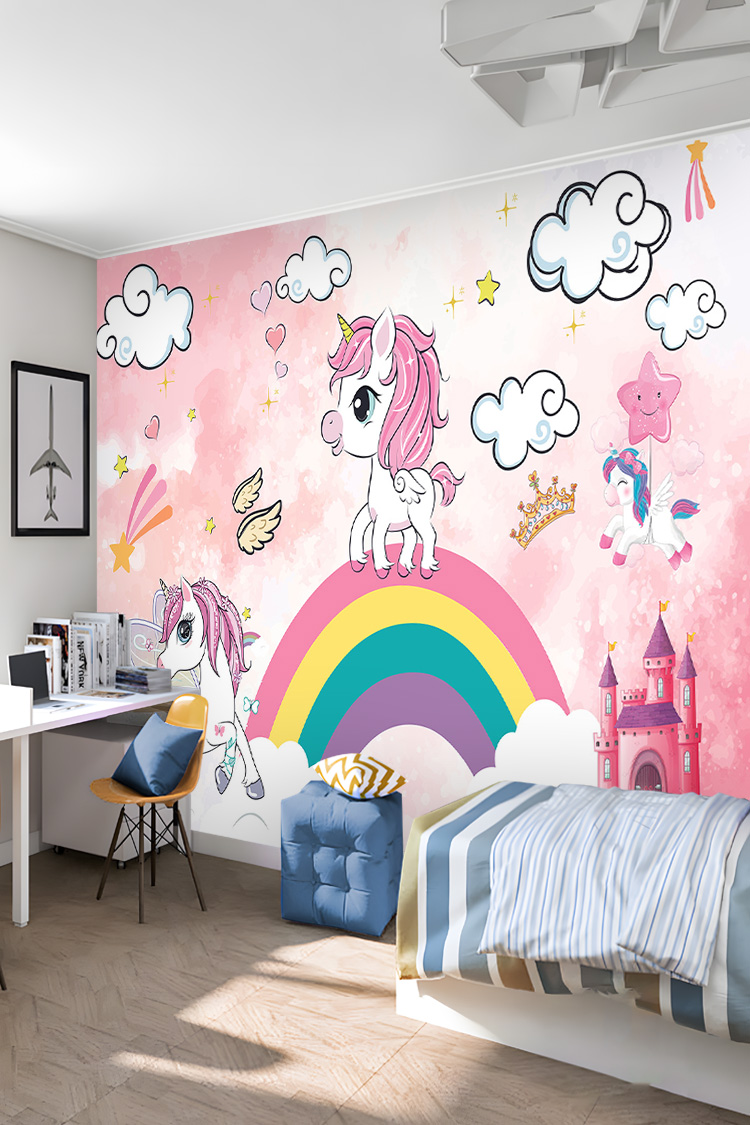 Pembe Unicorn ve Gökkuşağı Desenli Çocuk Odası Duvar Kağıdı - Görsel 2