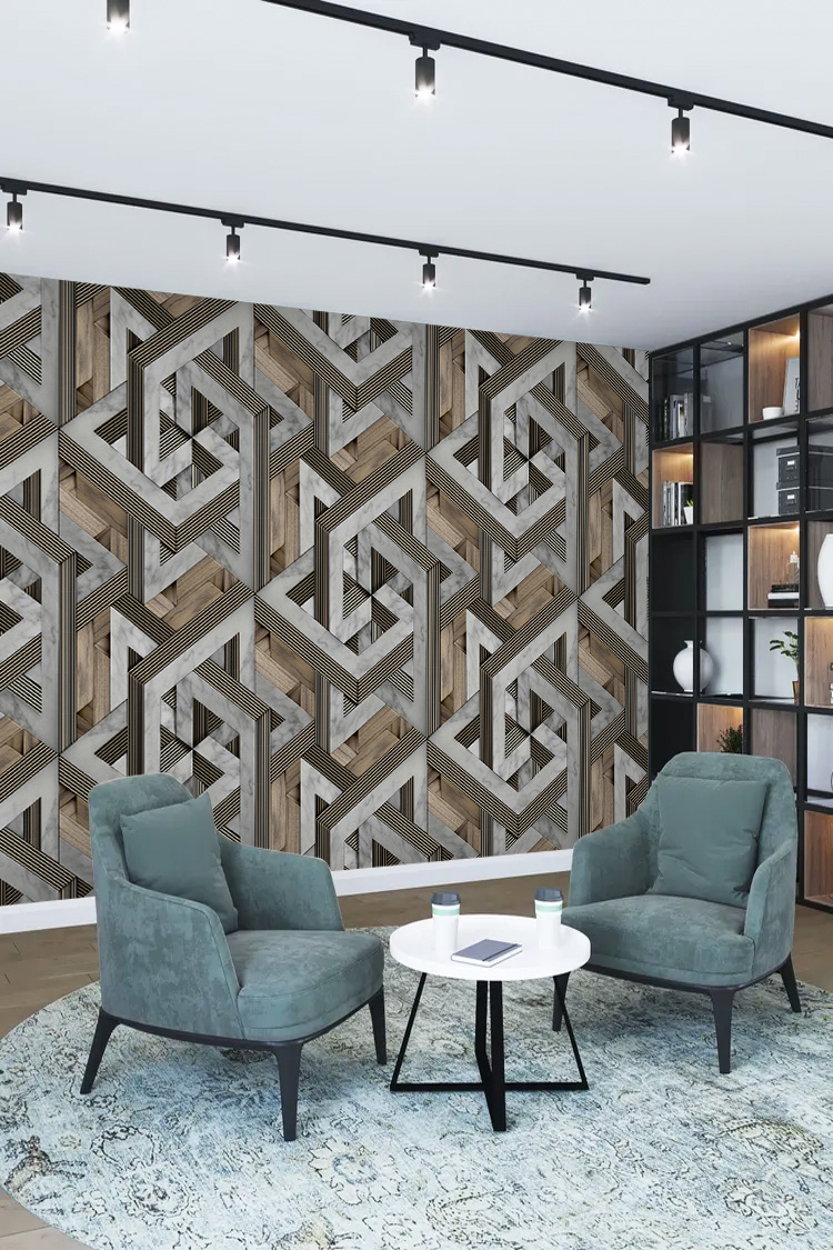 3D Geometrik Ahşap Desenli Duvar Kağıdı - Görsel 5