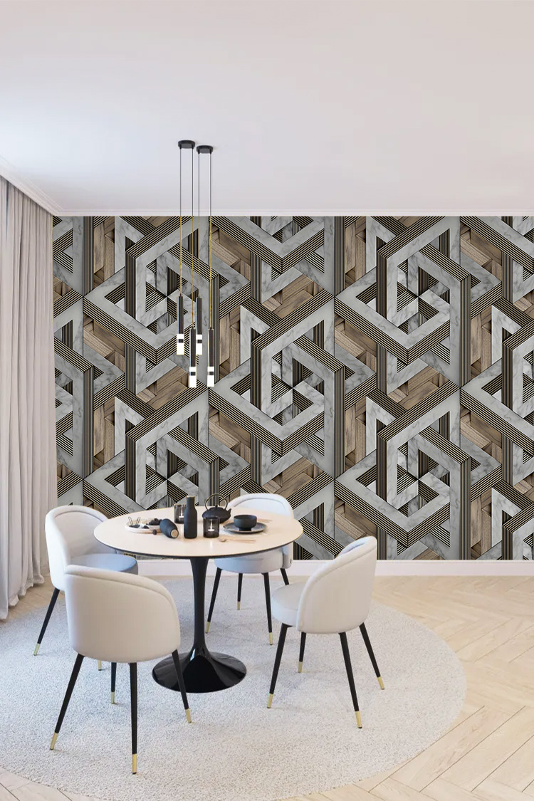 3D Geometrik Ahşap Desenli Duvar Kağıdı - Görsel 2