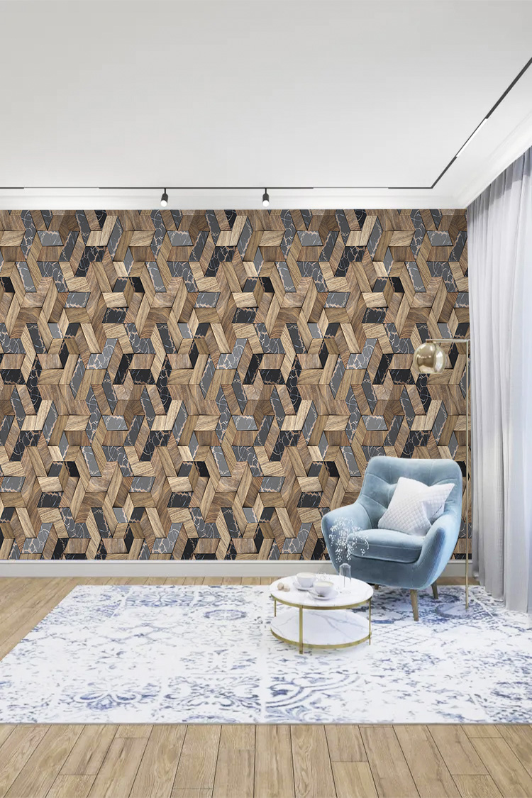 Geometrik Ahşap Desenli Modern Duvar Kağıdı - Görsel 2
