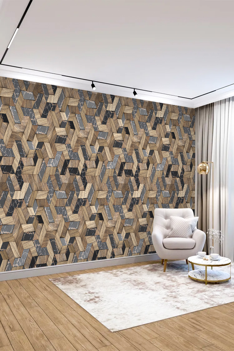 Geometrik Ahşap Desenli Modern Duvar Kağıdı - Görsel 3