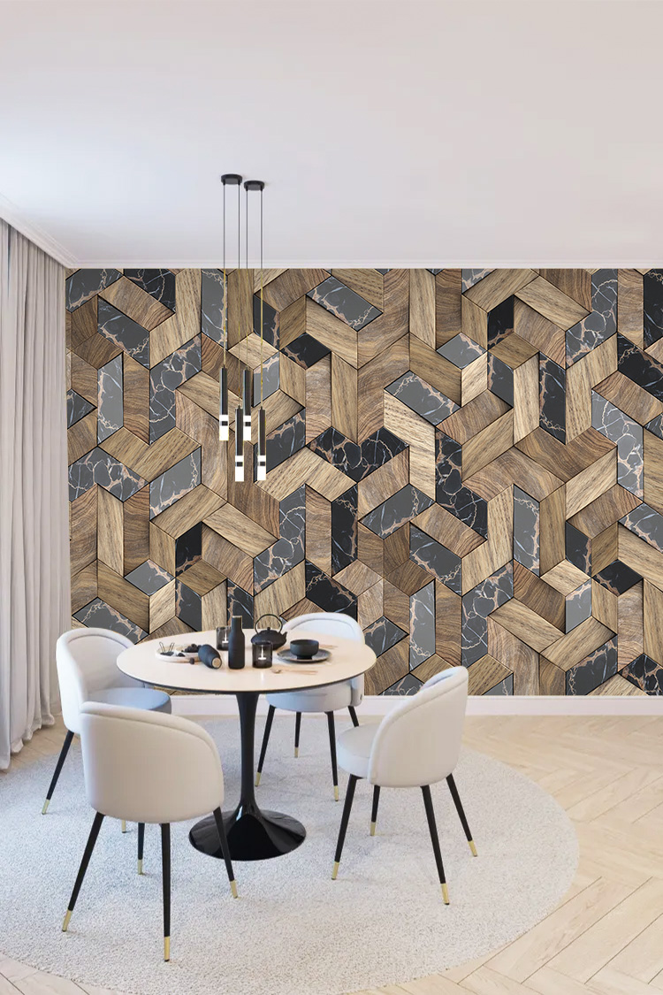 Ahşap & Mermer Efektli Geometrik 3D Duvar Kağıdı - Görsel 2