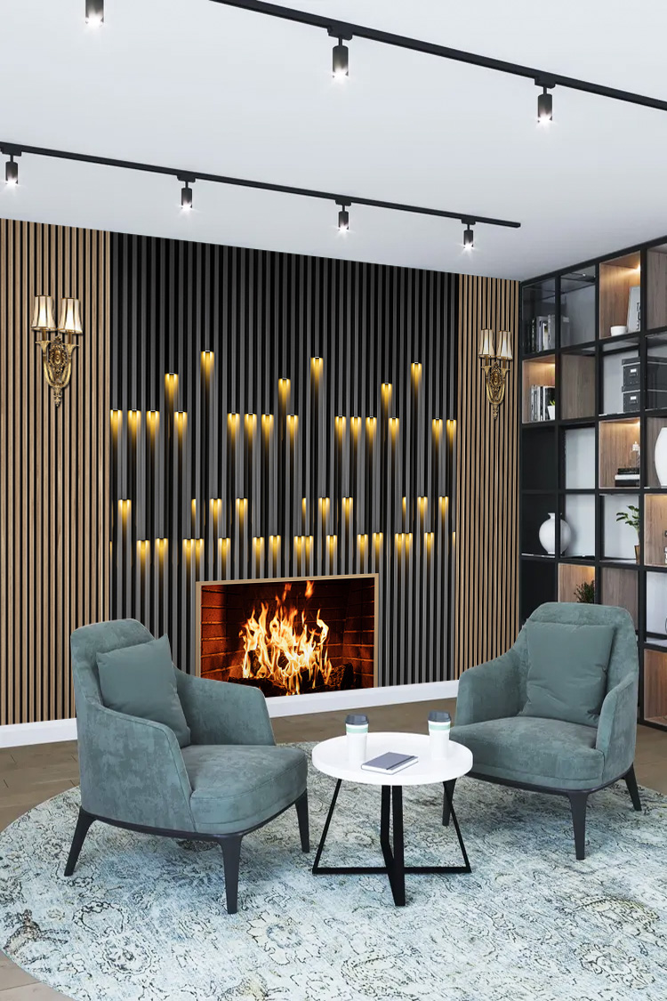 Ahşap ve Siyah Lambiri LED Efektli Modern Duvar Kağıdı
