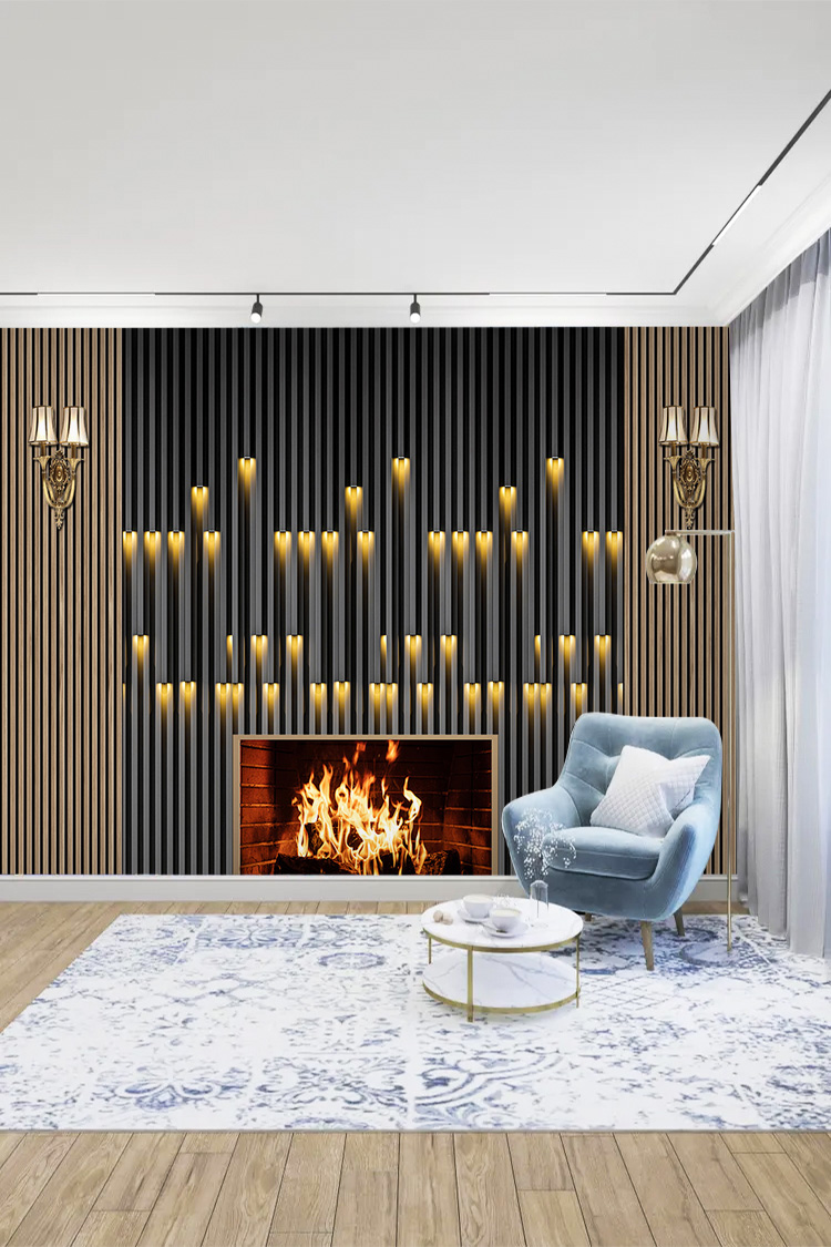 Ahşap ve Siyah Lambiri LED Efektli Modern Duvar Kağıdı - Görsel 5