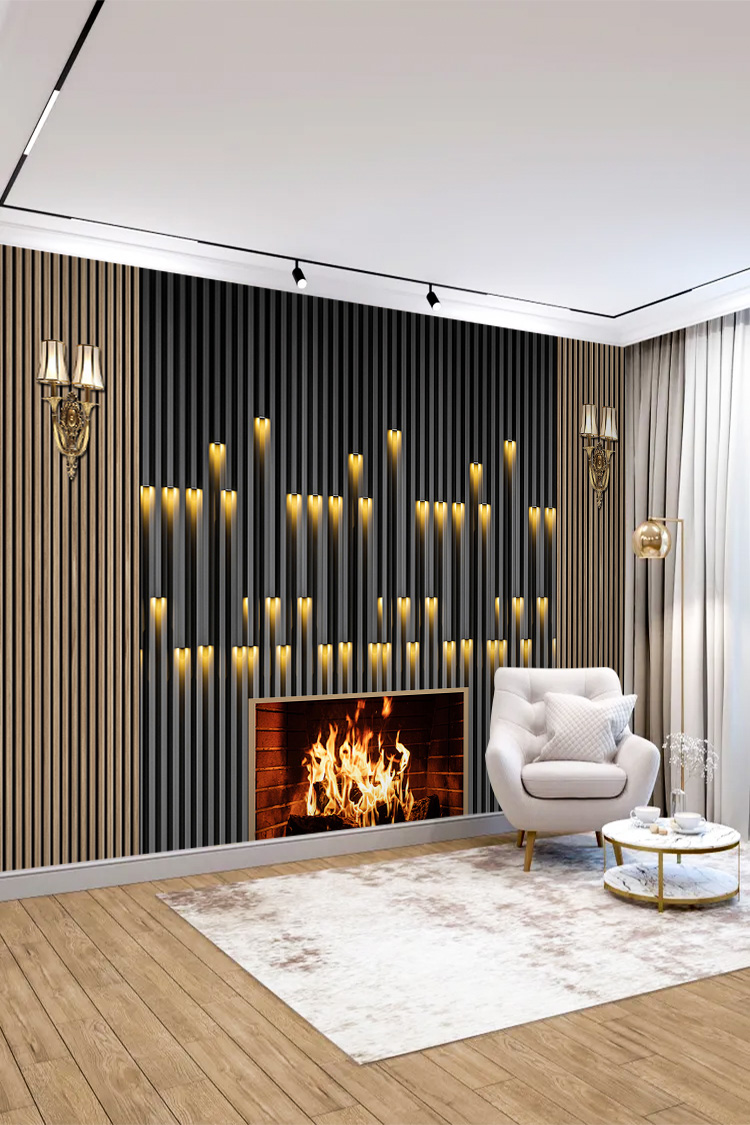 Ahşap ve Siyah Lambiri LED Efektli Modern Duvar Kağıdı - Görsel 6