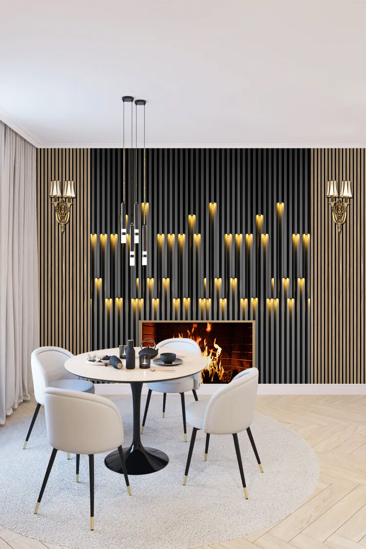 Ahşap ve Siyah Lambiri LED Efektli Modern Duvar Kağıdı - Görsel 4