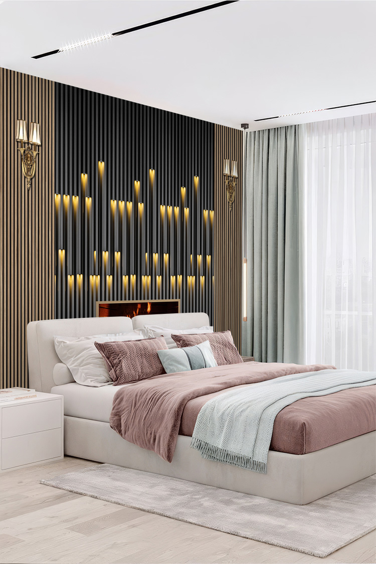 Ahşap ve Siyah Lambiri LED Efektli Modern Duvar Kağıdı - Görsel 2