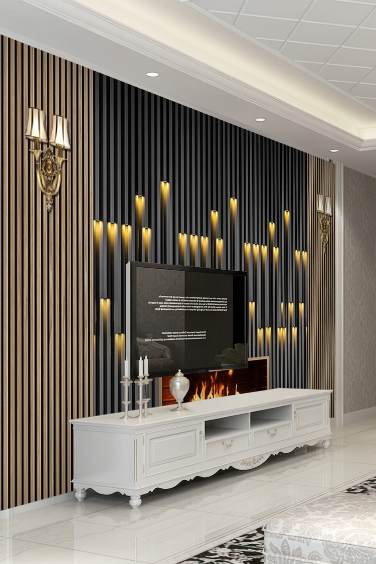 Ahşap ve Siyah Lambiri LED Efektli Modern Duvar Kağıdı - Görsel 3
