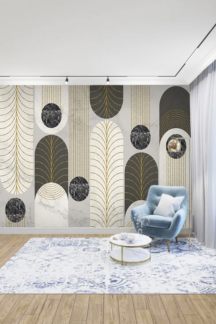 Gold Çizgili Modern Mermer Geometrik Duvar Kağıdı - Görsel 2