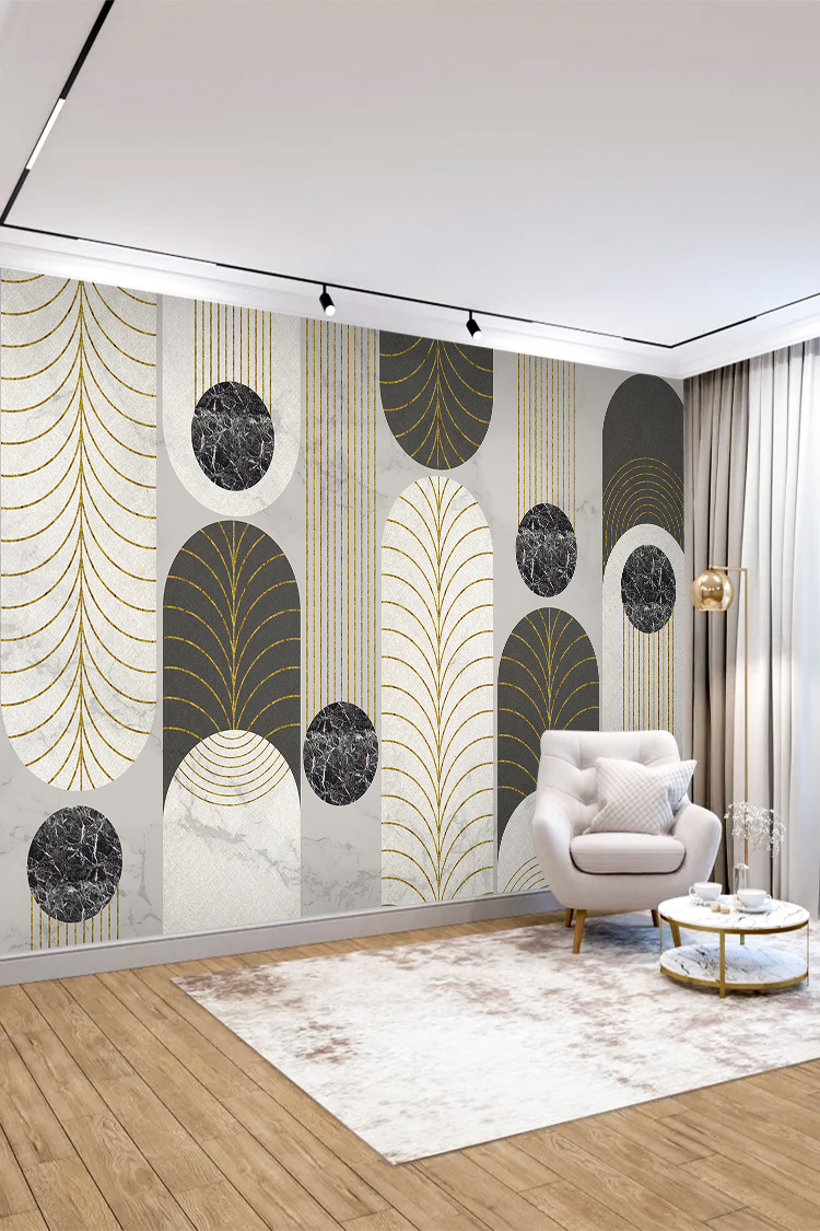 Gold Çizgili Modern Mermer Geometrik Duvar Kağıdı